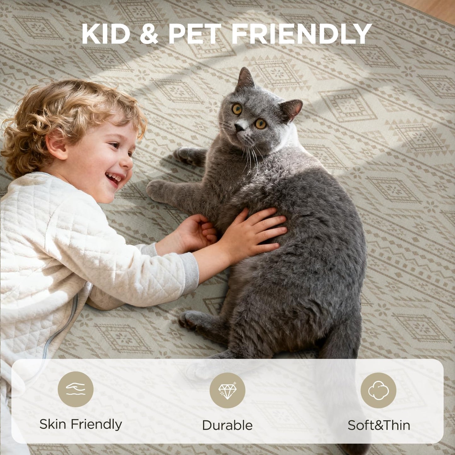 Joydeco 5×7 Area Rugs for Living Room, Non-Slip Boho Moroccan Soft Washable Rug, Low Pile Carpet for Bedroom, Dining Room, Home Office, Pet & Child Friendly, Cream&Dark Brown