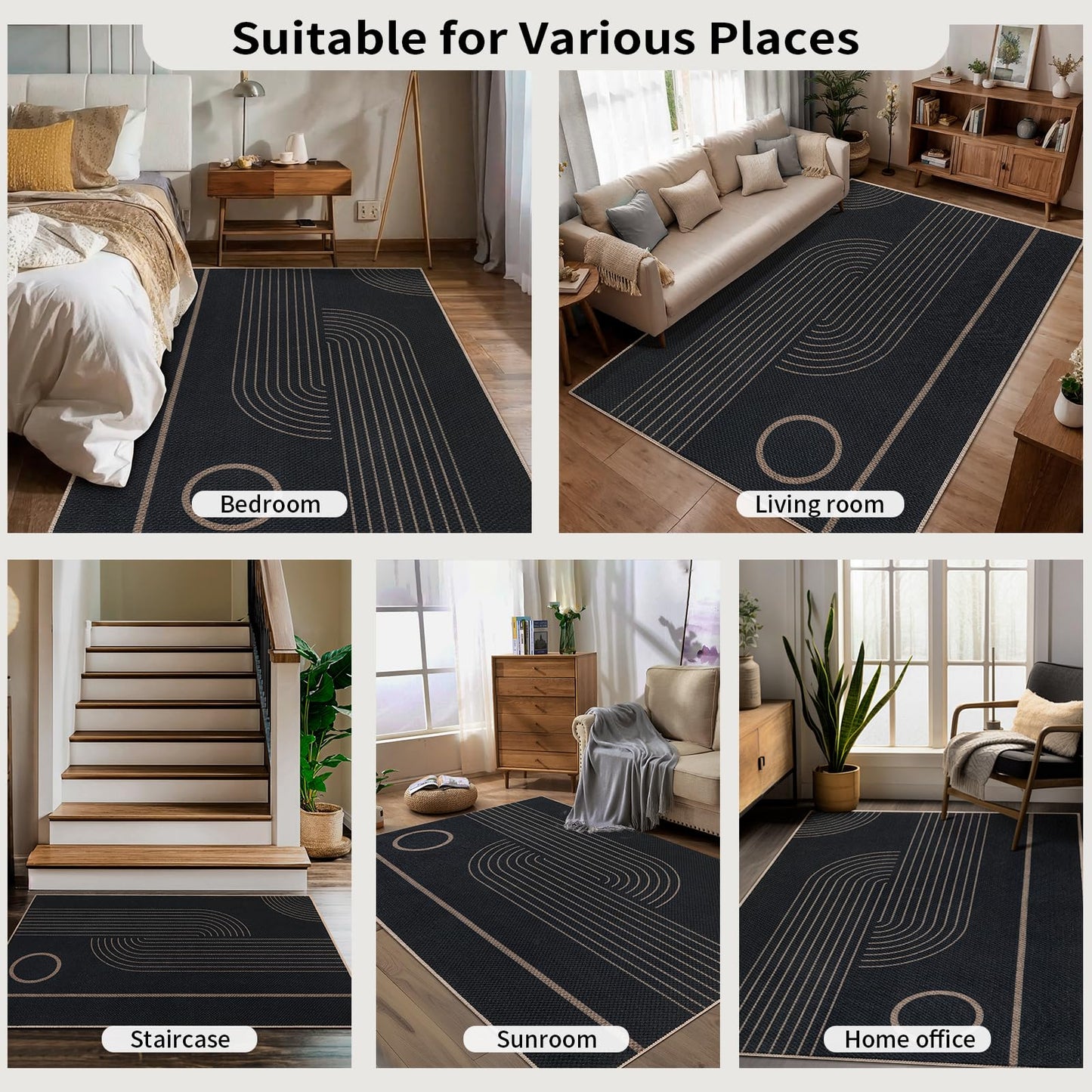Tangsoo Geometric Line 3x5 Easy Jute Rug for Living Room,Washable Ultra Thin Area Rug Non-Slip Black Outdoor Mat,Boho Rainbow Front Door Carpet for Front Porch Entryway Bedroom Patio