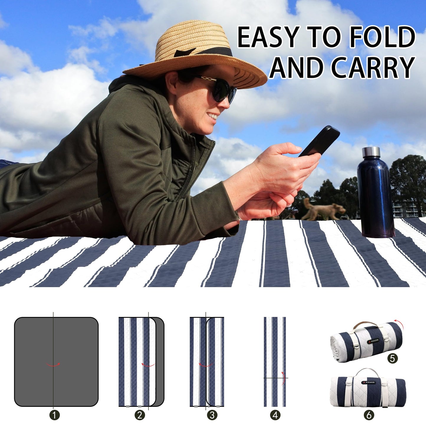 HX&OD Outdoor Picnic Blanket Extra Large, 80”x60” Waterproof Picnic Mat Foldable Camping Blanket Portable with Carry Strap for Beach Mat (Bule)