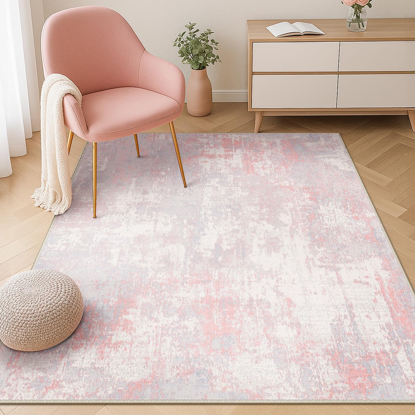 RELEANY Washable Area Rugs 4'x6' Non-Slip Modern Abstract Soft for Living Room Entryway Bedroom Kitchen, Print Pattern, Grey Pink