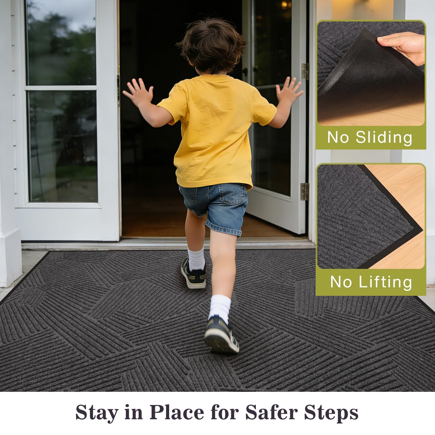 BelleCosy 3′ x 10′ Heavy Duty Front Door Mat Indoor Outdoor, Low Profile Non Slip Entryway Runner for High Traffic, Grid-Pattern Waterproof All-Weather Commercial Floor Mat for Mudroom, Kitchen