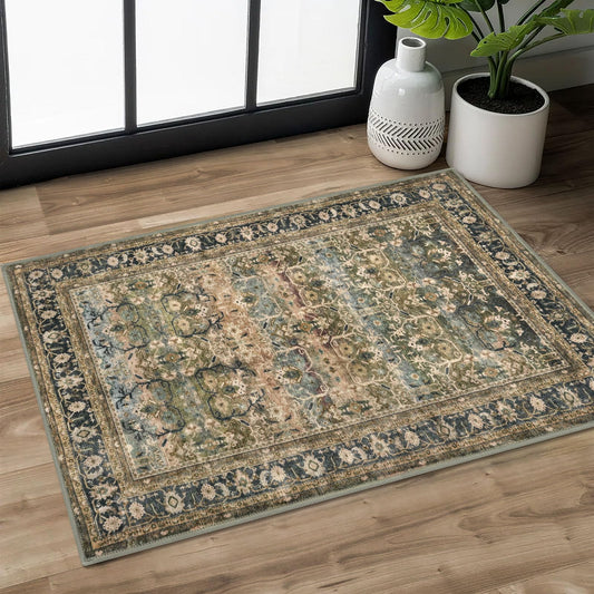 SIILOOM 2x3 Washable Rug Soft Area Rug for Entryway, Olive Charcoal Non-Slip Indoor Door Mat Tribal Floral Low-Pile Kitchen Rugs, Vintage Tribal Carpet for Entrance Kitchen Farmhouse