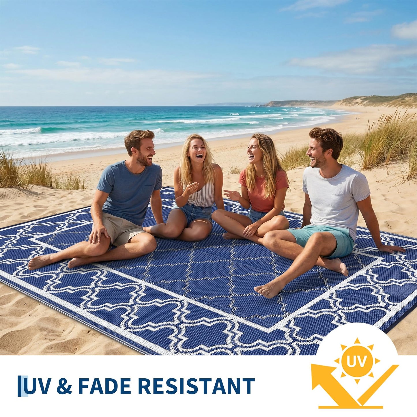 Garvee Reversible Outdoor Rug 9x12, Waterproof Outdoor Plastic Straw Rug with Interlacing Pattern, RV Mat for Picnics, Patio, Camping, Balcony, Deck, Backyard, Porch, Blue