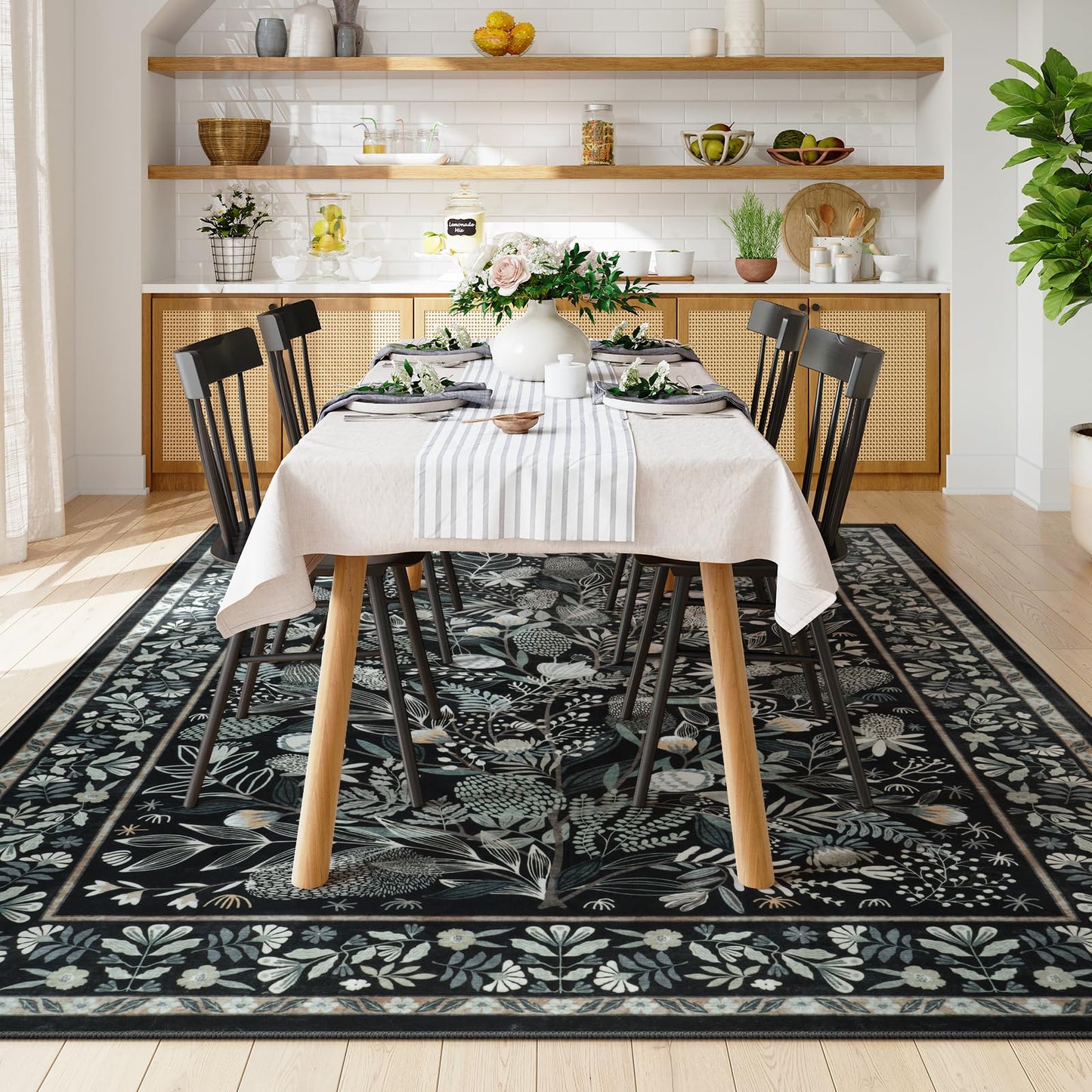 Anidaroel Black Botanical Floral 8x10 Rugs for Living Room, Washable Large Area Rugs for Bedroom Non-Slip Soft Modern Rugs, Ultra-Thin Indoor Throw Carpet Mat for Dining Room Nursery Office