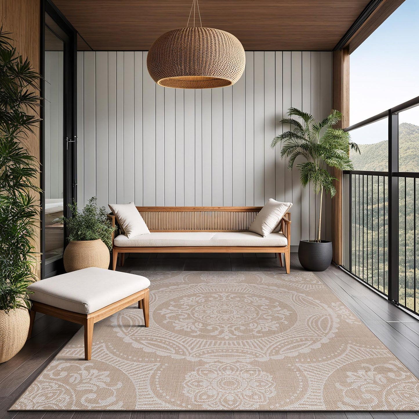 Luul Home Medallion Outdoor Rug 5x7 Washable Outside Carpet for Indoor Patio Porch Waterproof Easy Cleaning Non Shedding Area Rugs Beige 5 x 7