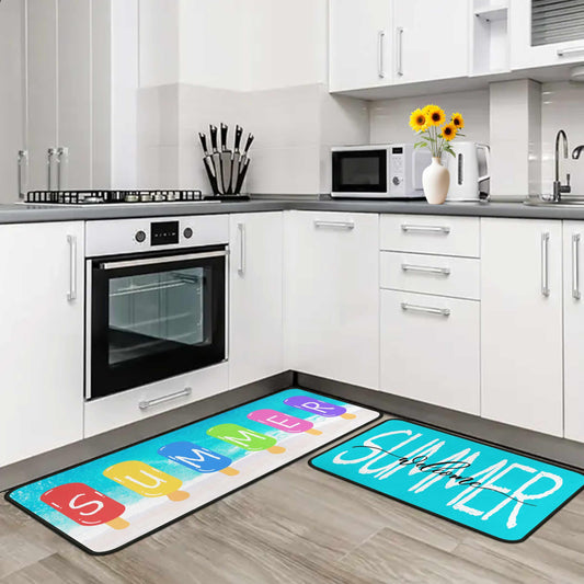 Lumiprinta Summer Blue Kitchen Rugs and Mats Set of 2, Seasonal Microfiber Washable Non-Slip Floor Mats for Home Kitchen Decor 17"x47"+17"x30"