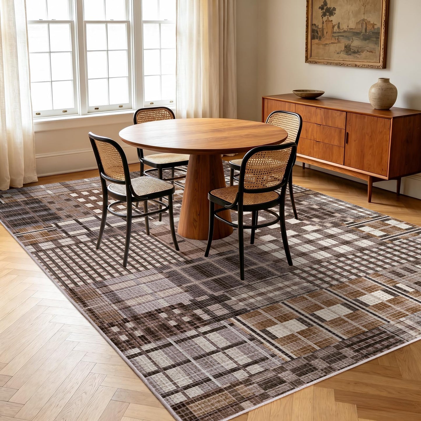 Rezutan Area Rugs 8x10 Washable Non-Slip, Modern Abstract Distress Carpet for Living Room Bedroom Dining Room, Coffee Caramel Brown Grey Chocolate Neutral Soft Carpet Low Pile Foldable Thin Rugs
