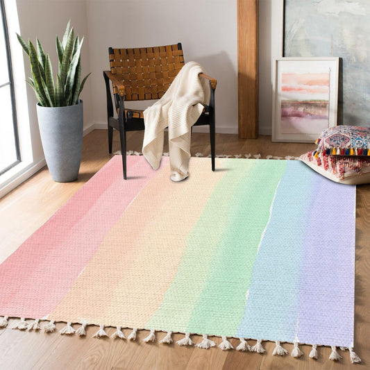 Boho Rug Rainbow Pastels Watercolor Rainbow Watercolor Brush Stroke Stripes Area Rug Carpet Patio Rug Hallway Runner Rug Mat Pad Minimalist Home Decor for Living Room Bedroom Indoor Outdoor