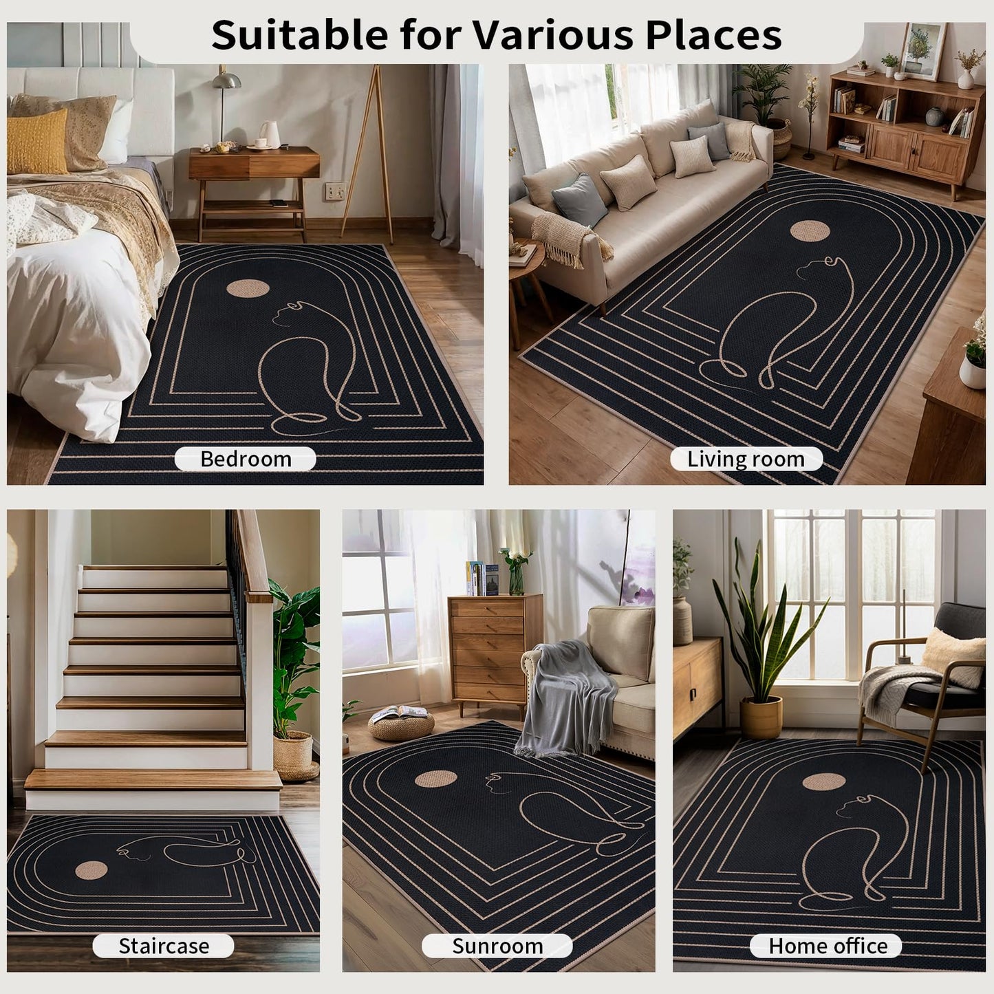 Tangsoo Modern Easy Jute 4x6 Washable Area Rug for Patio,Black Non-Slip Thin Outdoor Rug Farmhouse Indoor Floor Carpet,Cat Pattern Throw Mat for Front Porch Bedroom Balcony Sunroom