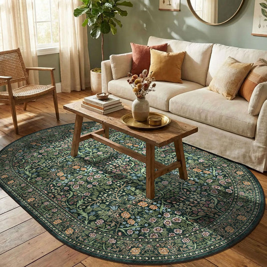 Othilic Floral 5x8 Oval Rug - Moss Green Soft Washable Boho Living Room Area Rug Stain Resistant Non Slip Dark Vintage Modern Farmhouse Rugs for Bedroom Dining Room Rugs for Under Table