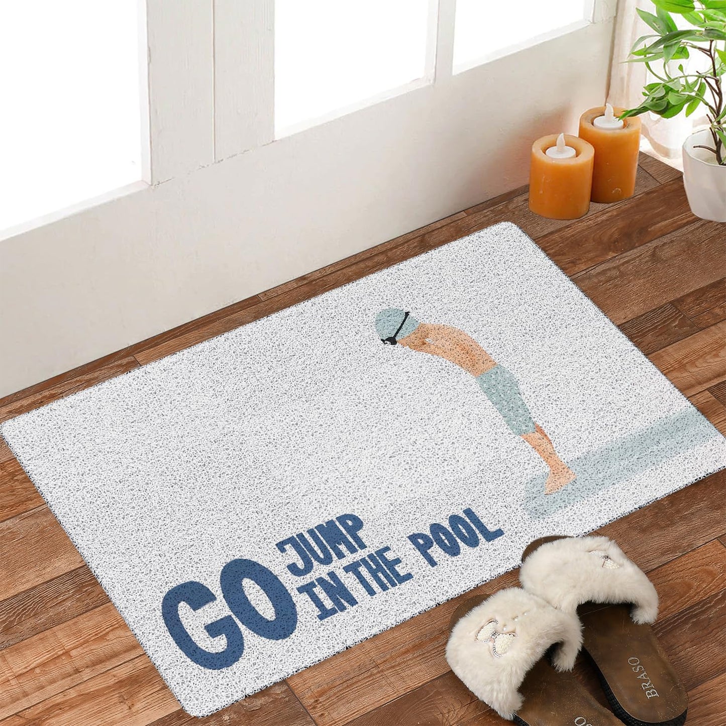 URLLUAE Coastal Beach Door Mat, Go Jump in The Pool Funny Blue Doormat Welcome Mats for Front Door Porch Outdoor Outside Entrance, Beach Bath Rug for Bathroom, 17x30 Inch