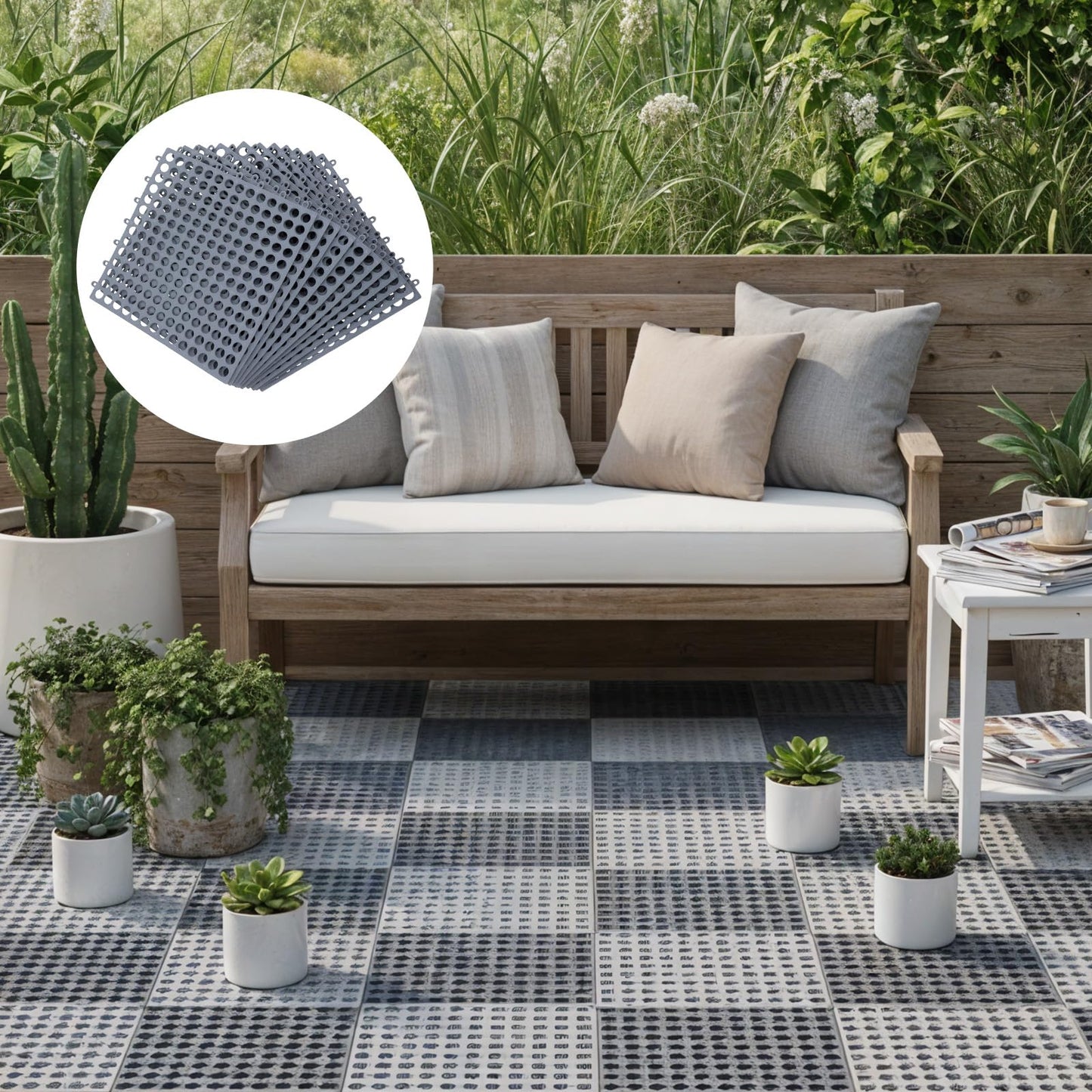 Afcabakila 12 Pack Modular Interlocking Cushion, Rubber Floor Tiles with Drain Holes Non-Slip Splicing Drainage Mats for Deck, Pool, Outdoor Shower, Patio, Balcony, Indoor Bathroom, Kitchen, Yard