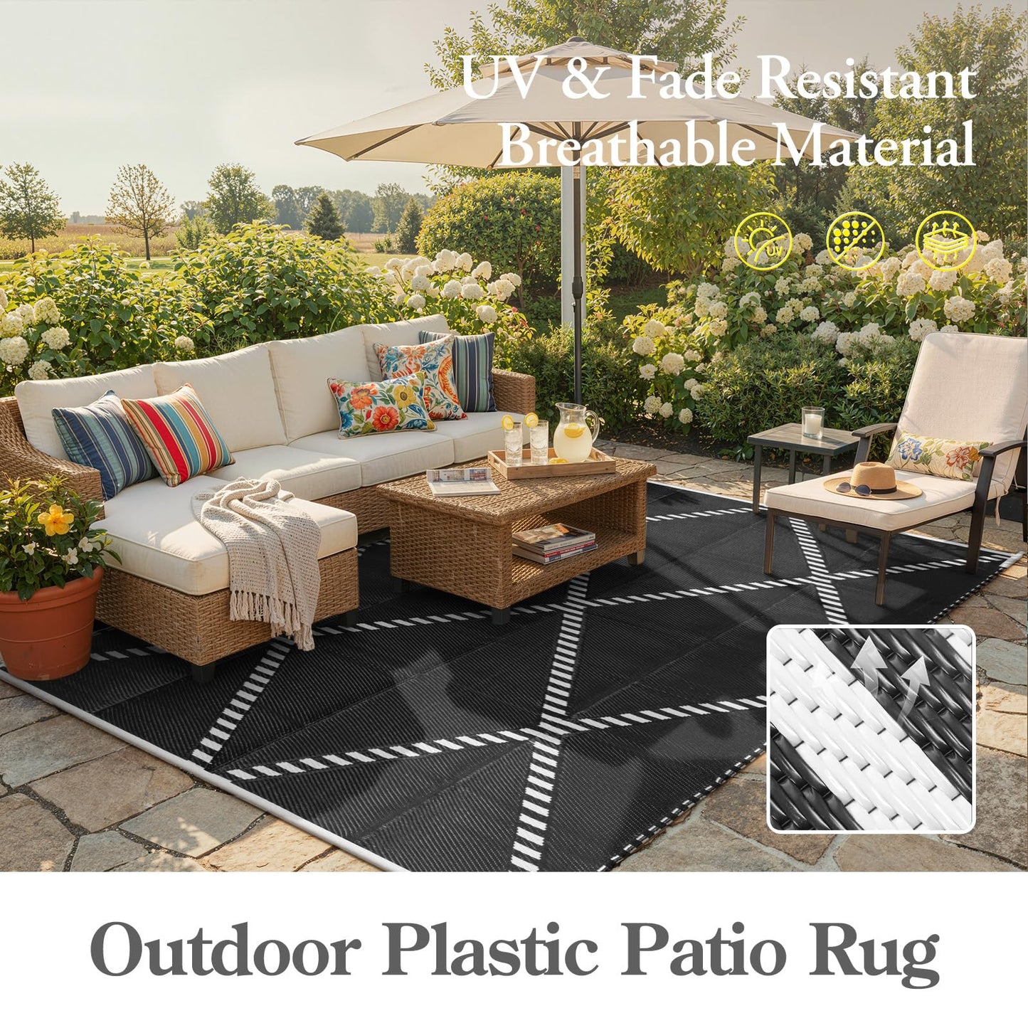 Wonnitar Outdoor Rug 6x9, Waterproof Reversible Plastic Straw Rug for Patio, Foldable Camping Mat with Carry Bag for RV, UV-Resistant Outside Rug for Deck, Balcony, Beach, Black & White