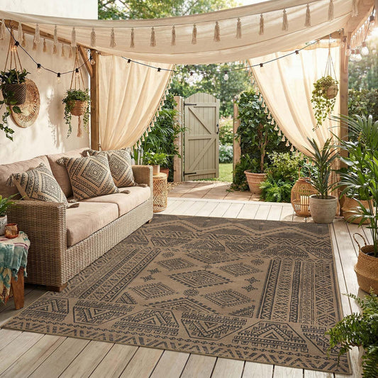 jinchan 5x7 Washable Faux Jute Area Rug, Boho Southwestern Geometric Natural Fiber Look Outdoor Rug, Low-Pile Non-Slip Floor Mat for Living Room Dining Room Bedroom Patio, Natural Charcoal
