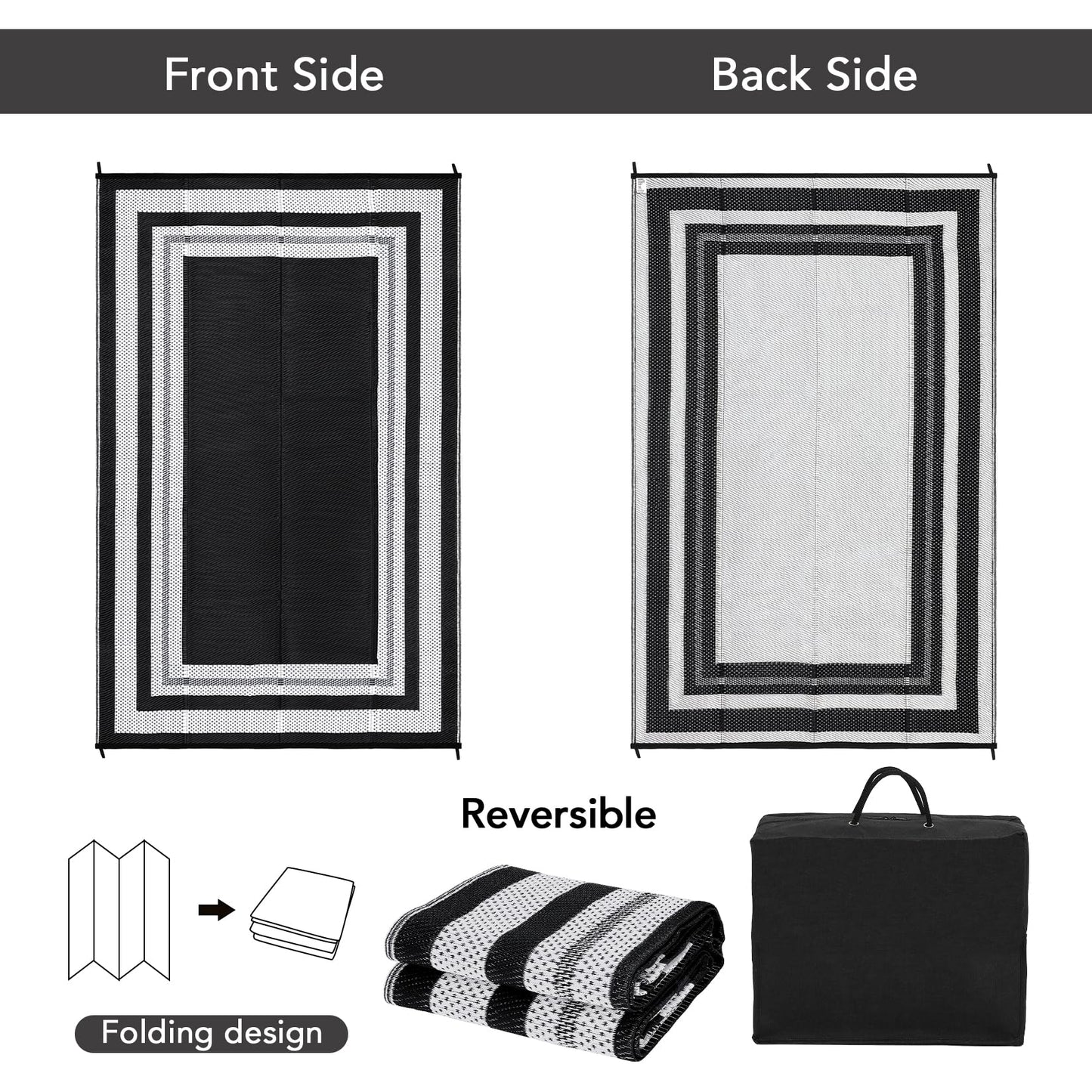 IDEALHOUSE Outdoor Rug, 320GSM Thick PP Woven, Modern Border A, Reversible Foldable, Lightweight Anti Scuff, Decorative Floor Mat for Patio Balcony Camping, Black White 10x14ft