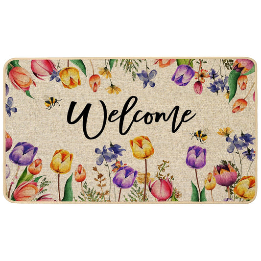 Baccessor Spring Tulips Doormat Purple Pink Floral Welcome Decorative Front Door Mat Anti-Slip Rubber for Summer Seasonal Kitchen Outdoor Indoor Entrance Floor Decoration 17 x 29 Inch