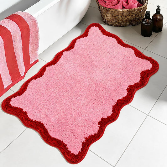 Whaline Pink Rug Mat Bathmat Red Scalloped 26.6 x 16.5 Inch Absorbent Bathroom Rug for Valentine's Day Wedding Anniversary Holiday Kitchen Living Room Decoration