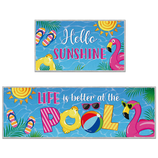Romart Summer Kitchen Rugs Set, 2 Pcs Pool Party Flamingo Tropical Runner Rug and Floor Mat, Summer Kitchen Decor for Home Indoor Sink Area (16" x 28" & 16" x 47")