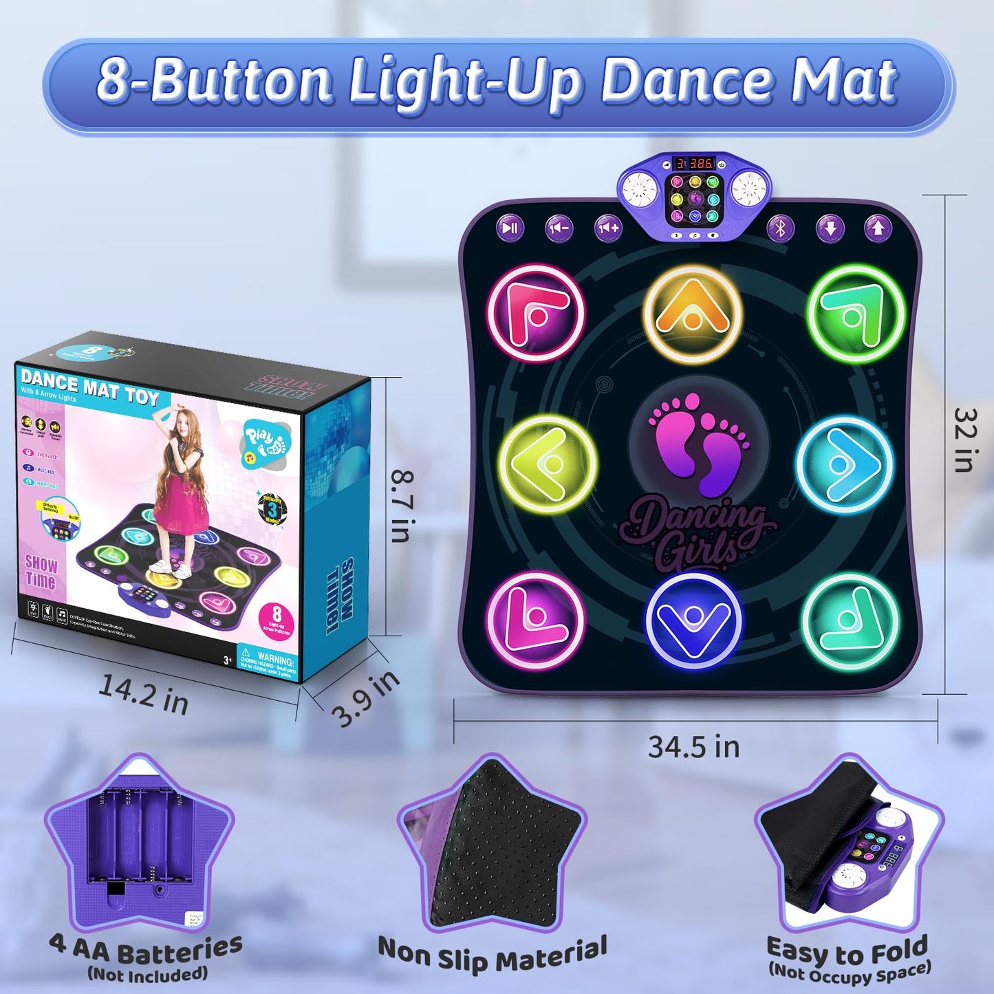WAYKEE Dance Mat Toys for 3-12 Year Old Girls, Electronic Dance Pad with Light-up LED Wireless Bluetooth & 5 Game Modes, Christmas Birthday Toys Gifts for 3 4 5 6 7 8 9 10+ Year Old Girls
