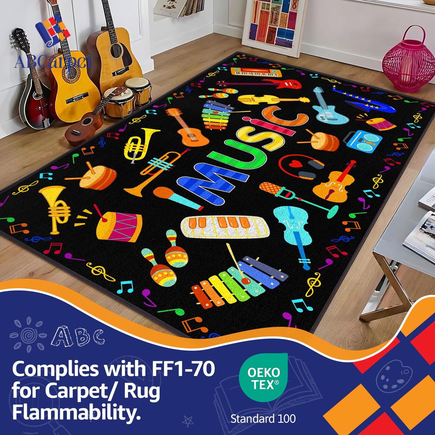 ABCarpet Music Classroom Rug, 7'6''x13'1'' Black Classroom Carpet with Non-Slip Backing, School Seating Rug for Circle Time, Preschool, Daycare, Playroom, Learning & Reading Area