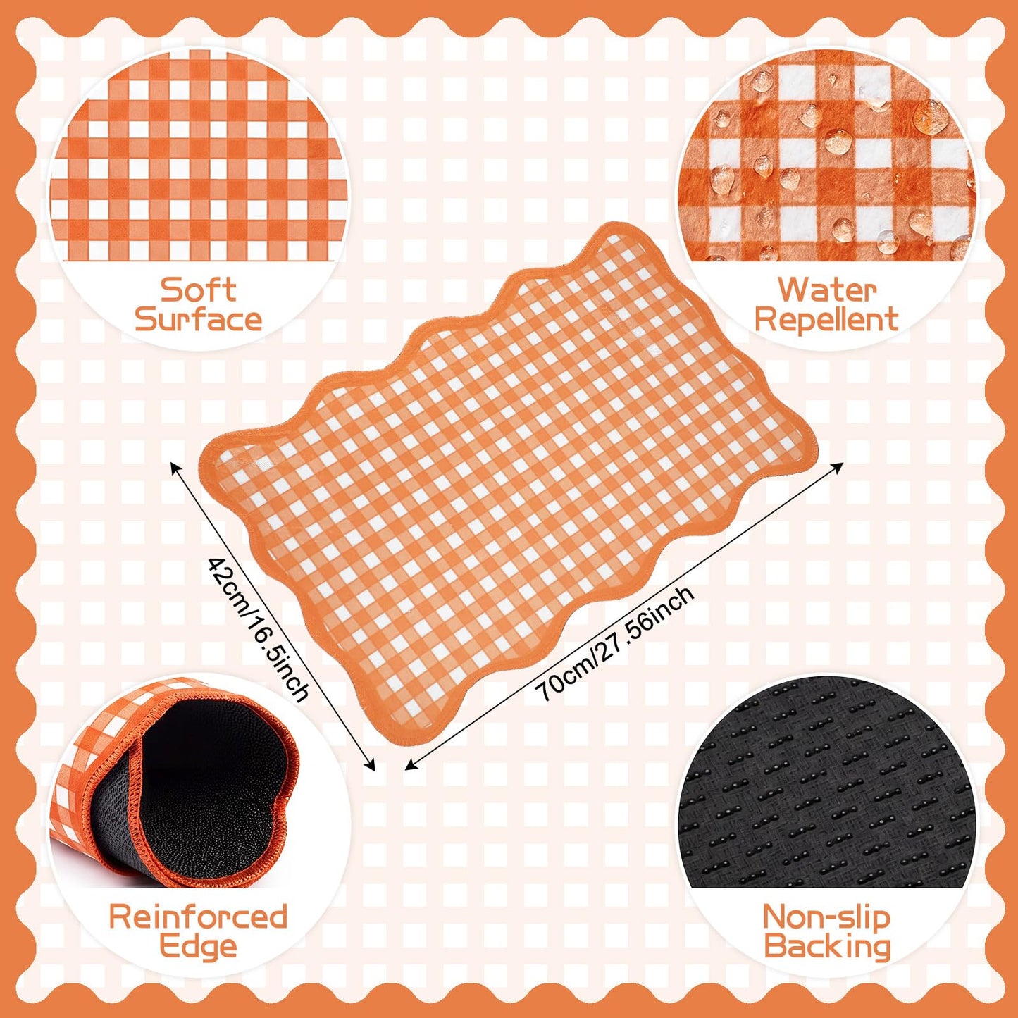 Breling Orange and White Scalloped Plaid Entryway Rug 16.5 x 27.5 Buffalo Checkered Indoor Mat Washable Non-Slip Gingham Door Rug for Entryway Entrance Bedroom Kitchen Living Room Decor