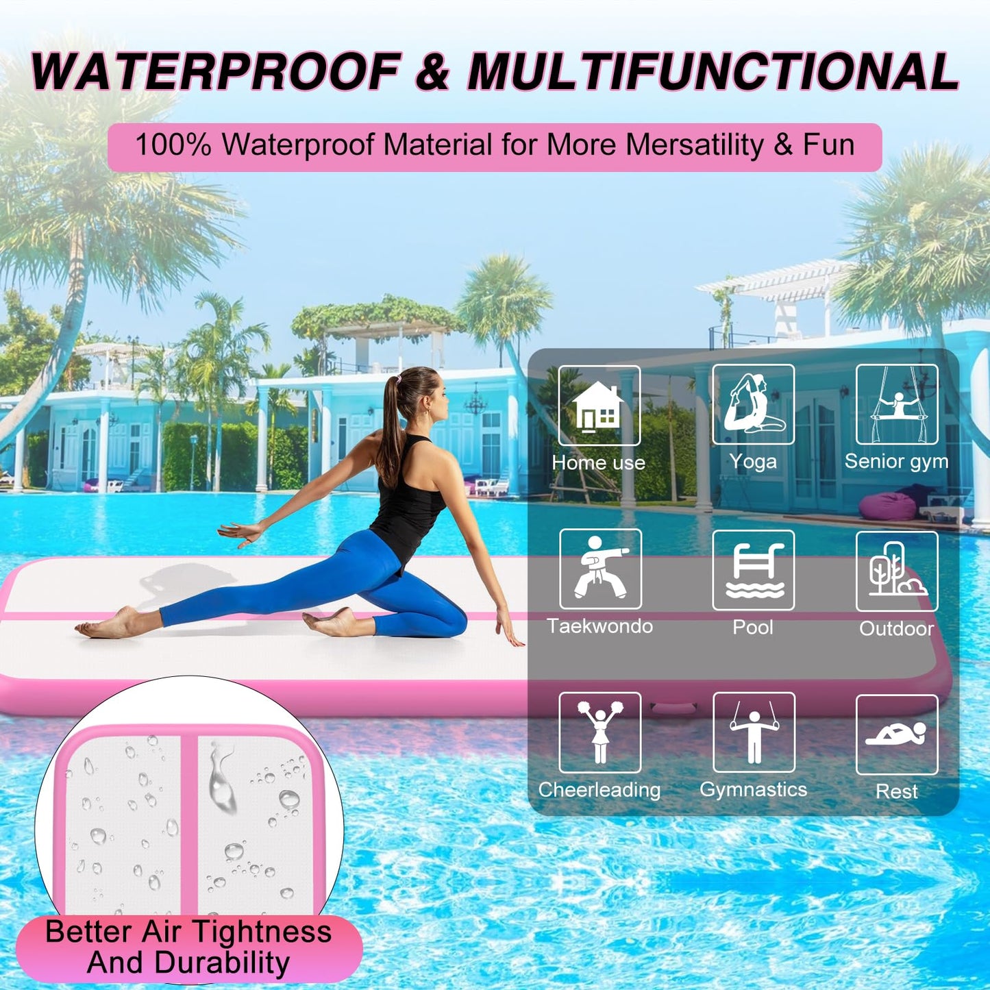 Air Gymnastics Tumbling Mat, 6.6ft/10ft/13ft/16ft/20ft Inflatable Track Mat for Home/Outdoor Training, 4 inch Thick Gym Mat with Electric Pump for Kids & Adults - Pink