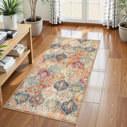 Lahome Moroccan Trellis Hallway Rug, 2x5 Washable Runner Rug Non Slip Kitchen Runners for Hallways, Ultra-Thin Vintage Carpet for Bedroom Bathroom Entryway Elise, Cream/Multi