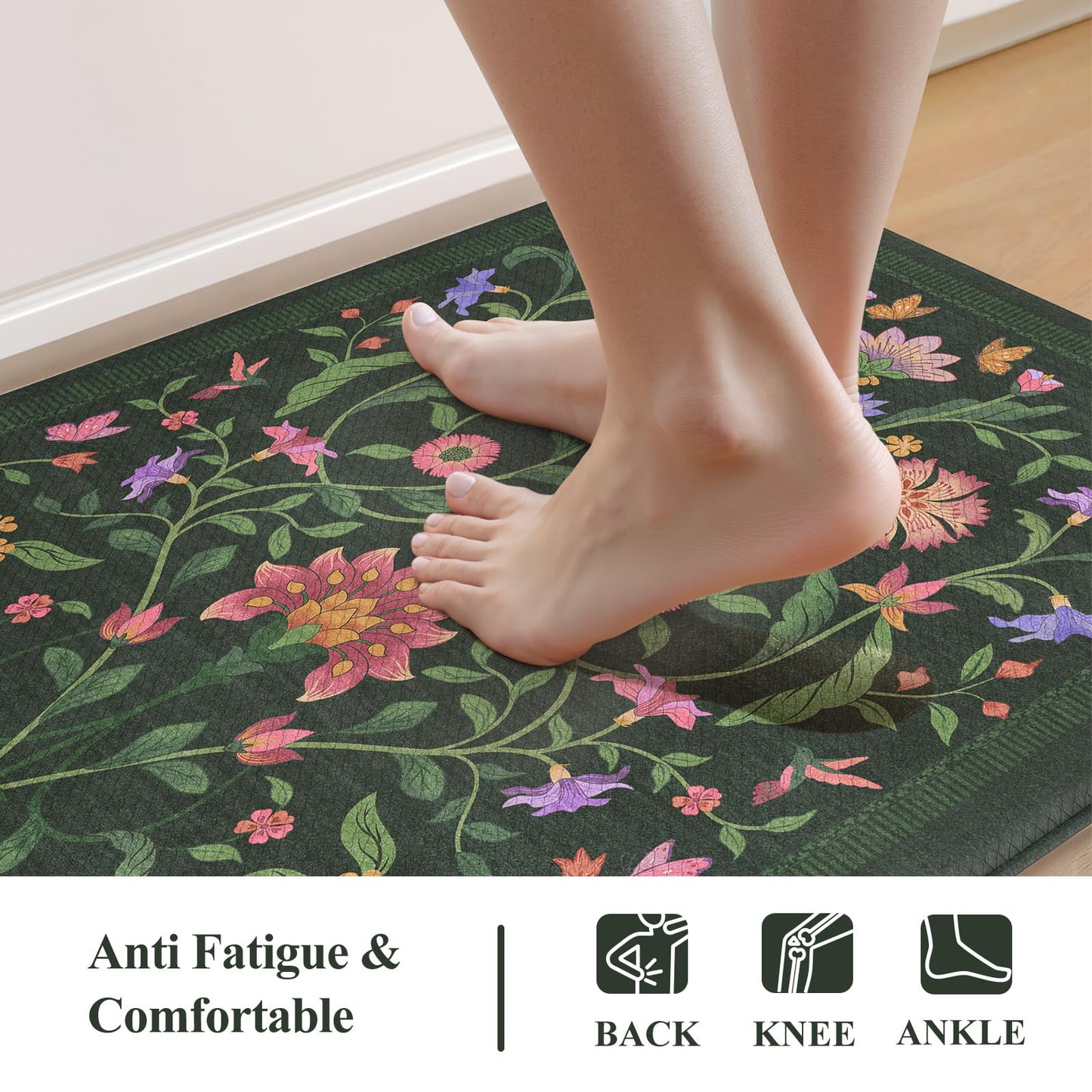Collive Kitchen Mats for Floor, Cushioned Anti Fatigue Mat Green Floral Rugs 2 Piece Non Skid Waterproof Sink Rug, Memory Foam Comfort Standing Mat for Office, Laundry, Desk, 17.3"x29"+17.3"x47"