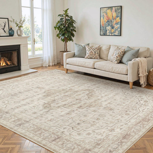 Rugxara 6x9 Washable Area Rug for Living Room, Vintage Neutral Large Boho Rugs for Office, Dining Room, Kids Room, Farmhouse, Durable Low Pile Non Slip Carpet for High Traffic Areas, Cream