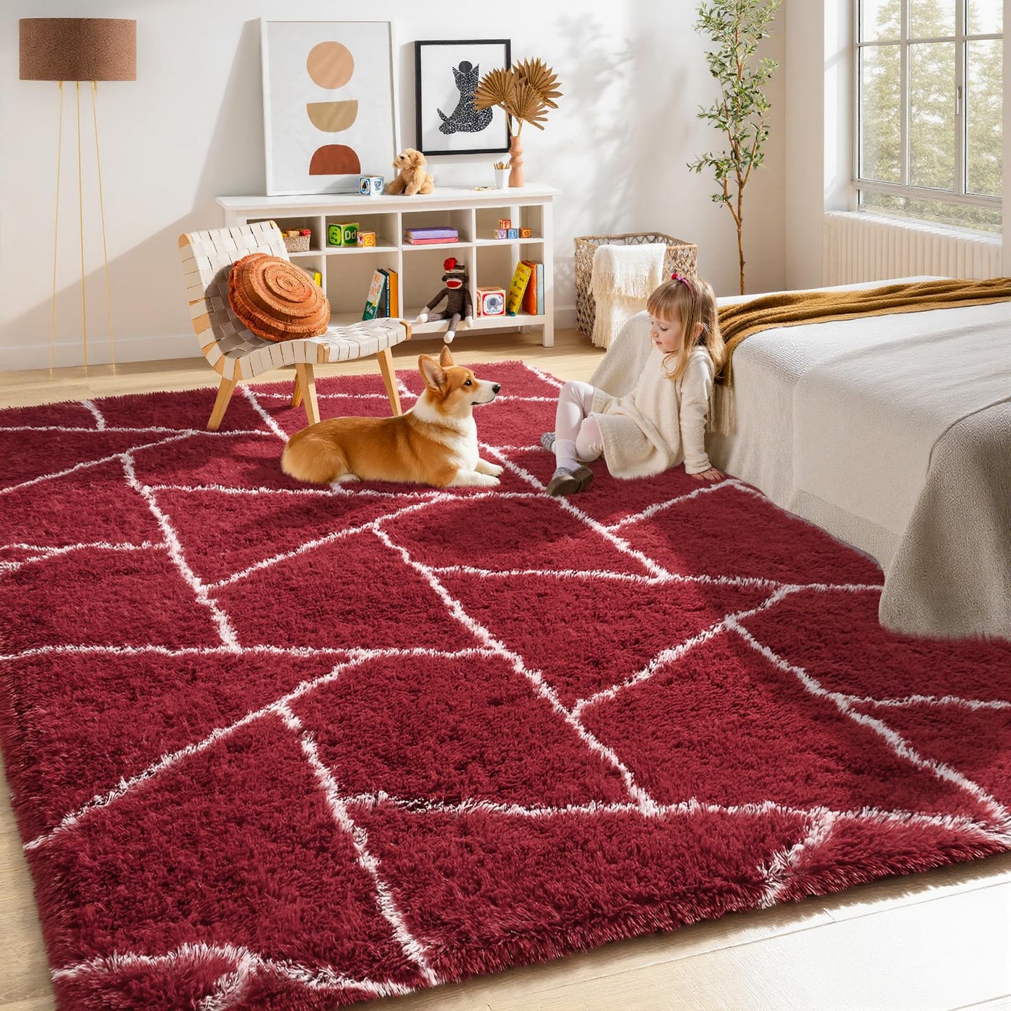FALARK Fluffy Area Rugs for Living Room Bedroom, Modern Geometric 4x6 Feet Red White Rug, Soft Plush Shaggy Fuzzy Floor Bedside Carpet for Nursery Kids Girls Boys Teen Dorm Home Office Decor