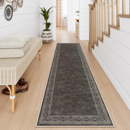Lahome Modern Bordered Washable Runners for Hallways, 2.5x8 Kitchen Runner Rug Non Slip, Ultra-Thin Hallway Rug Soft Carpet for Bedroom Entryway Bathroom Laundry(2.5'x 8',Brown)