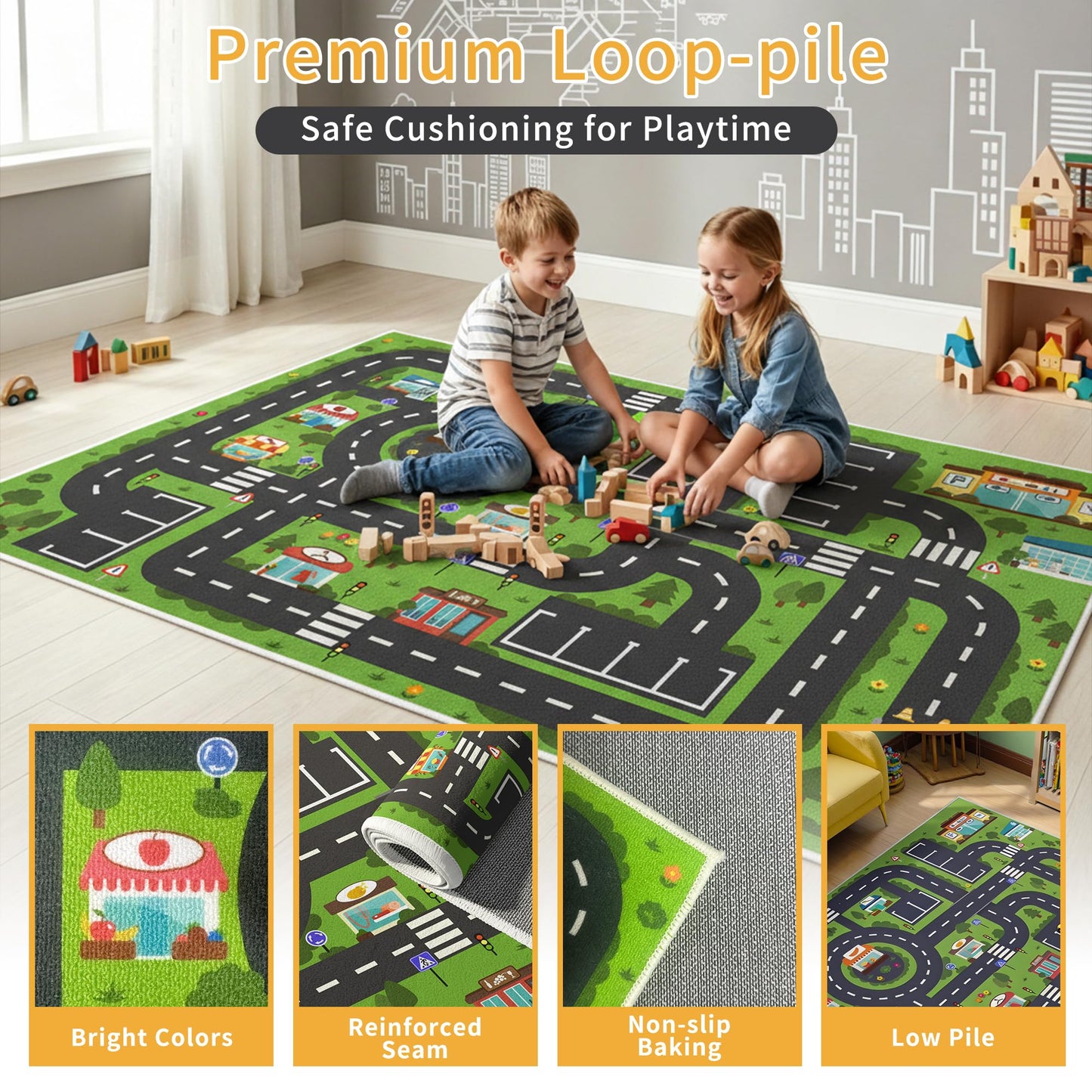 Enkor Kids Rugs, Non Slip 3' x 5' Road Playmat Carpet for Children, City Map Rugs for Playroom Bedroom Living Room Green