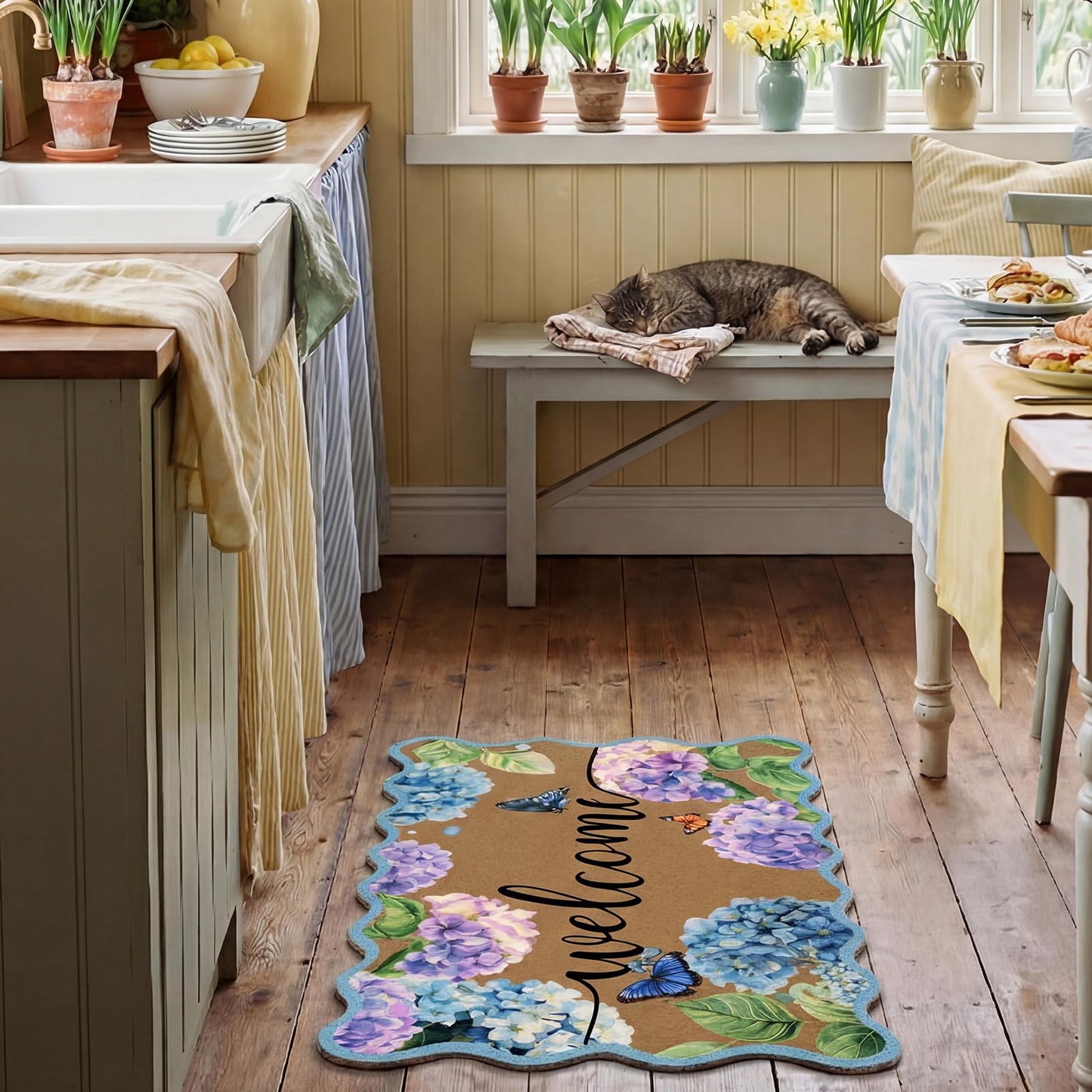 Tinideya Hydrangea Scalloped Doormat Summer Blue Flower Welcome Door Mat 27.6 x 15.7 Inch Artificial Coir Non Slip Cute Butterfly Entrance Rugs for Indoor Outdoor Front Kitchen Bathroom Decor