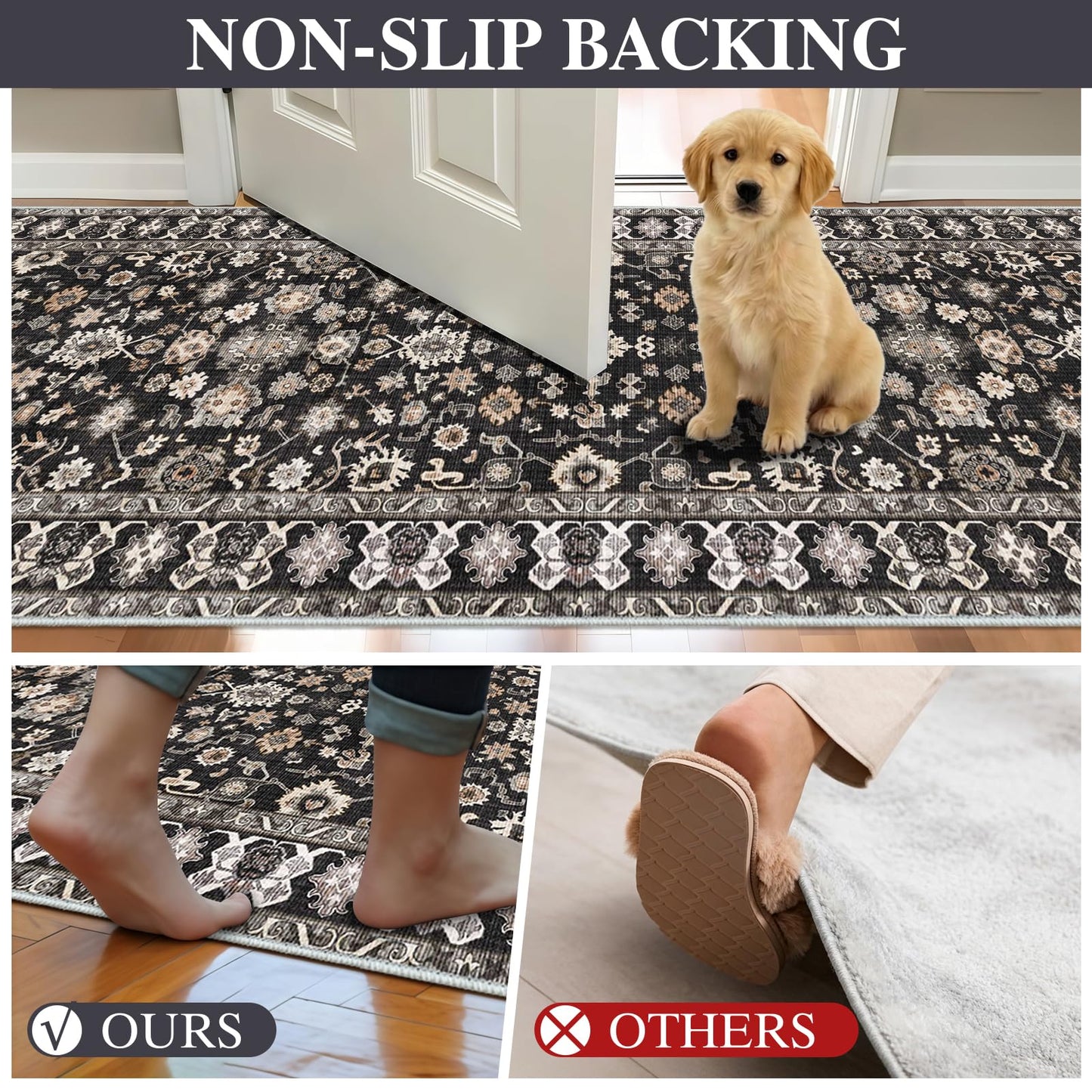 Washable 3x3 Square Rug for Entry Bathroom Kitchen Bedroom Carpet - Non Slip Low Pile Soft Throw Door mat - Protect Hardwood and Laminate Flooring Floral Farmhouse Decor 3x3 Black