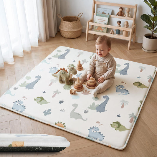 PaPaMat 1.5" Thick Baby Play Mat 50x50 Memory Foam Crawling Mat for Floor, Non-Slip Tummy Time Playmat for Toddlers Infant, Nursery, Dinosaurs