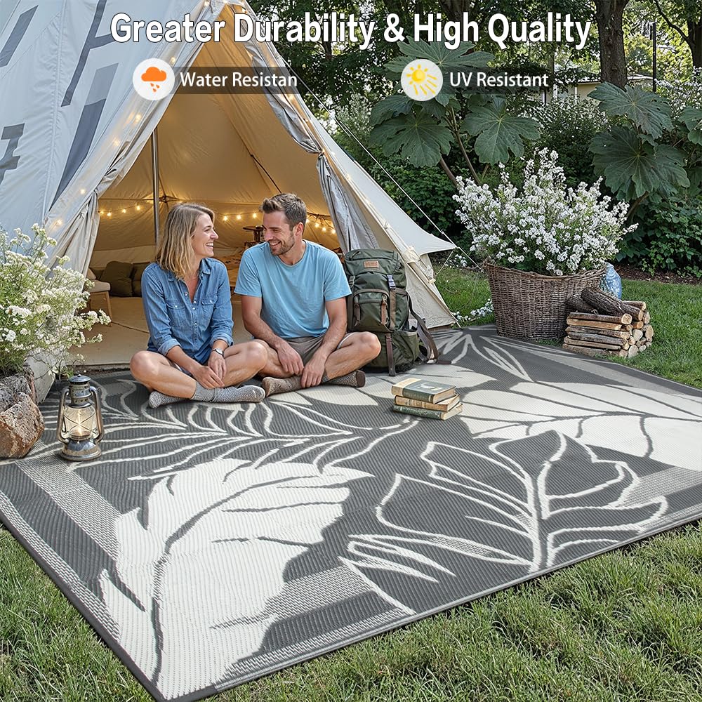 HUGEAR 9'x12' Outdoor Rug Waterproof Plastic Straw Rugs Large Grey Reversible Olive Leaf Mat Floor Carpet for Camping RV Deck Entryance Porch Picnic Balcony Beach Backyard