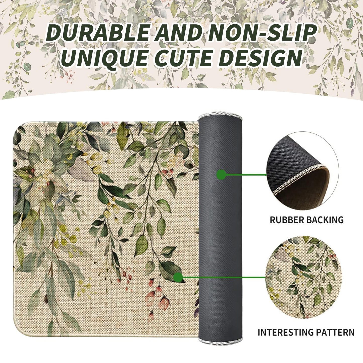 HSOWKDN Sage Green Eucalyptus Spring Kitchen Rugs Sets of 2 Non Slip Washable, Botanical Leaves Summer Spring Kitchen Mats for Floor 2 Piece Home Decor