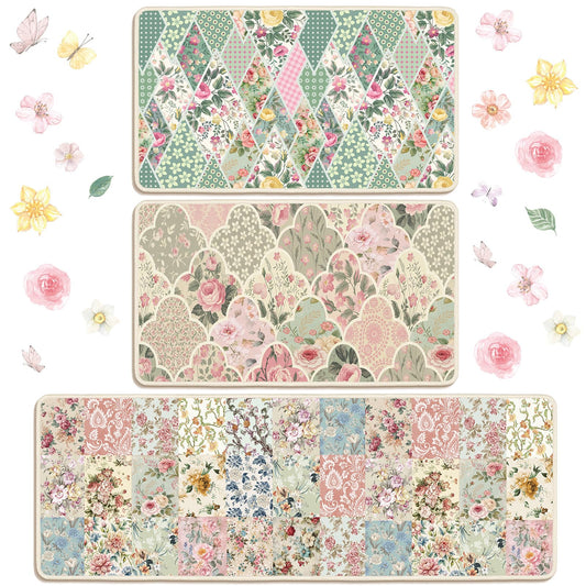 Sonwyoung 3 Pcs Boho Floral Kitchen Rugs and Mats Set - Vintage Patchwork Non Slip Waterproof Floor Mats, Bohemian Runner Rug Decor for Kitchen, Bar, Home Office, Bathroom Door, 17"x47"+17"x29"