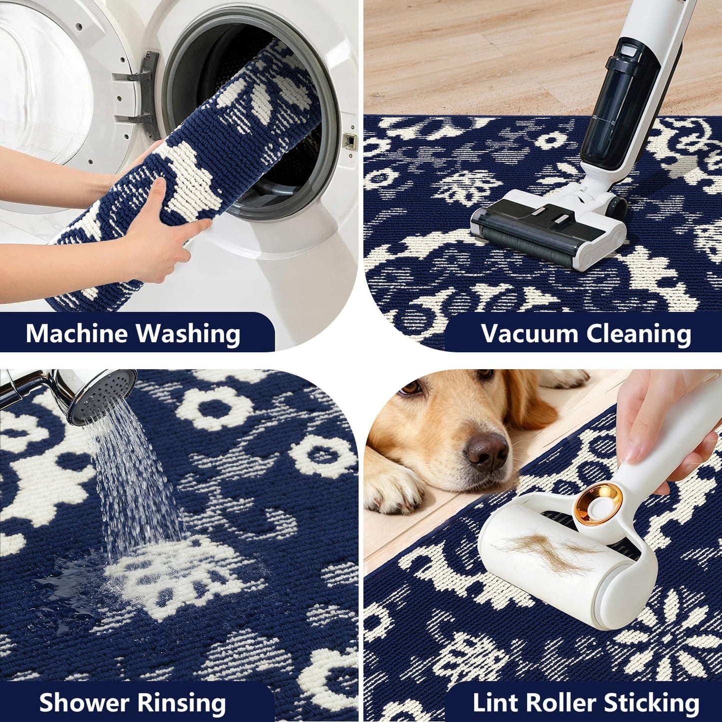 Yamaziot Washable Kitchen Rug Sets of 3, Non Slip Kitchen Mats High-Low Textured Kitchen Runner Rugs Stain Resistant Absorbent Floor Carpet for Hallway, Laundry, Sink (Navy Blue, 2x3+2x4+2x5ft)