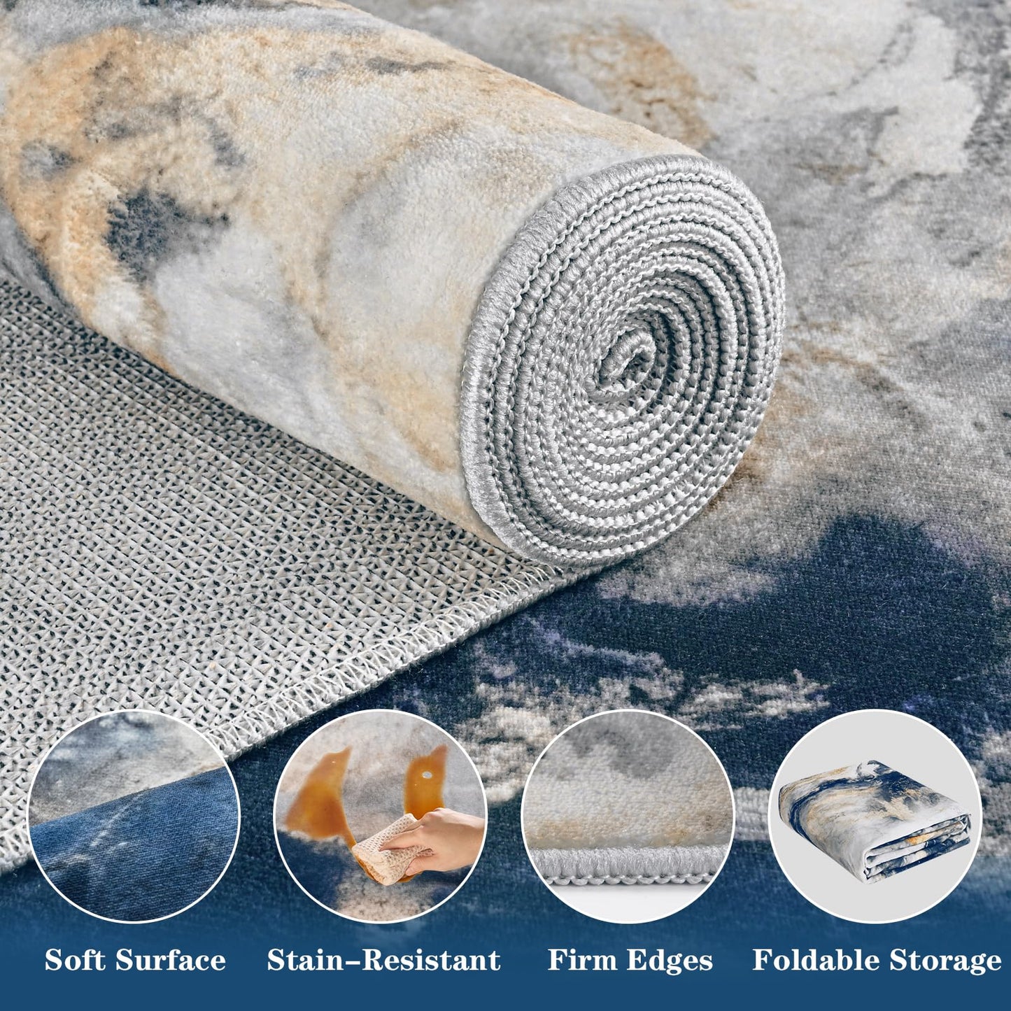 Yinhua Marble Area Rug 6x9, Modern Washable Rug Non Slip, Soft Faux Wool Abstract Rugs Non Shedding, Low Pile Living Room Rugs Pet Friendly, Blue and Gold Carpet for Bedroom Nursery Office