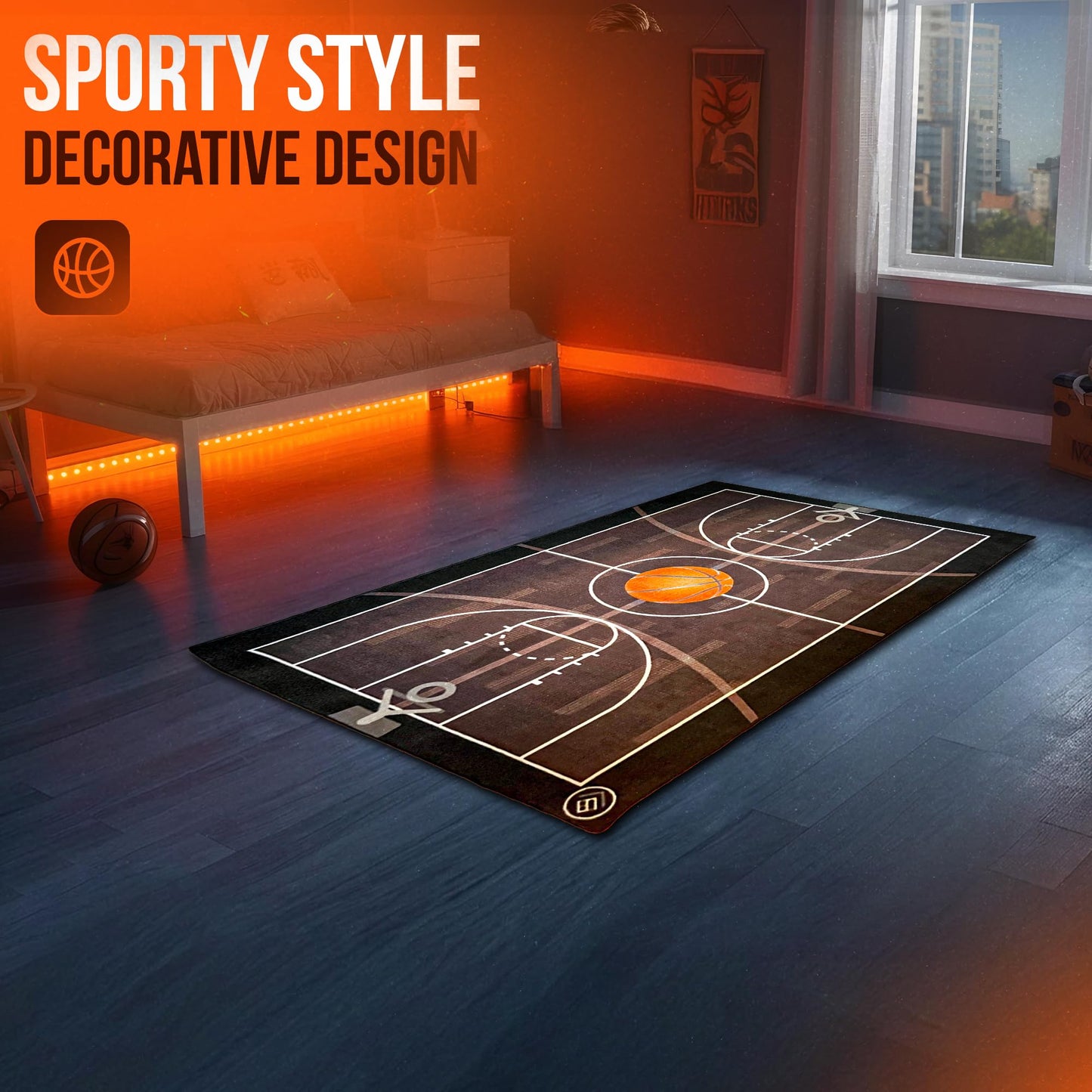 Aurox Studio Basketball Rug - Sports Rugs for Boys Bedroom, 3' x 5' Area Rug with TPR Backing, Indoor Basketball Carpet for Kids Room, Non-Slip Court Design, Great Boys Room or Game Room Decor