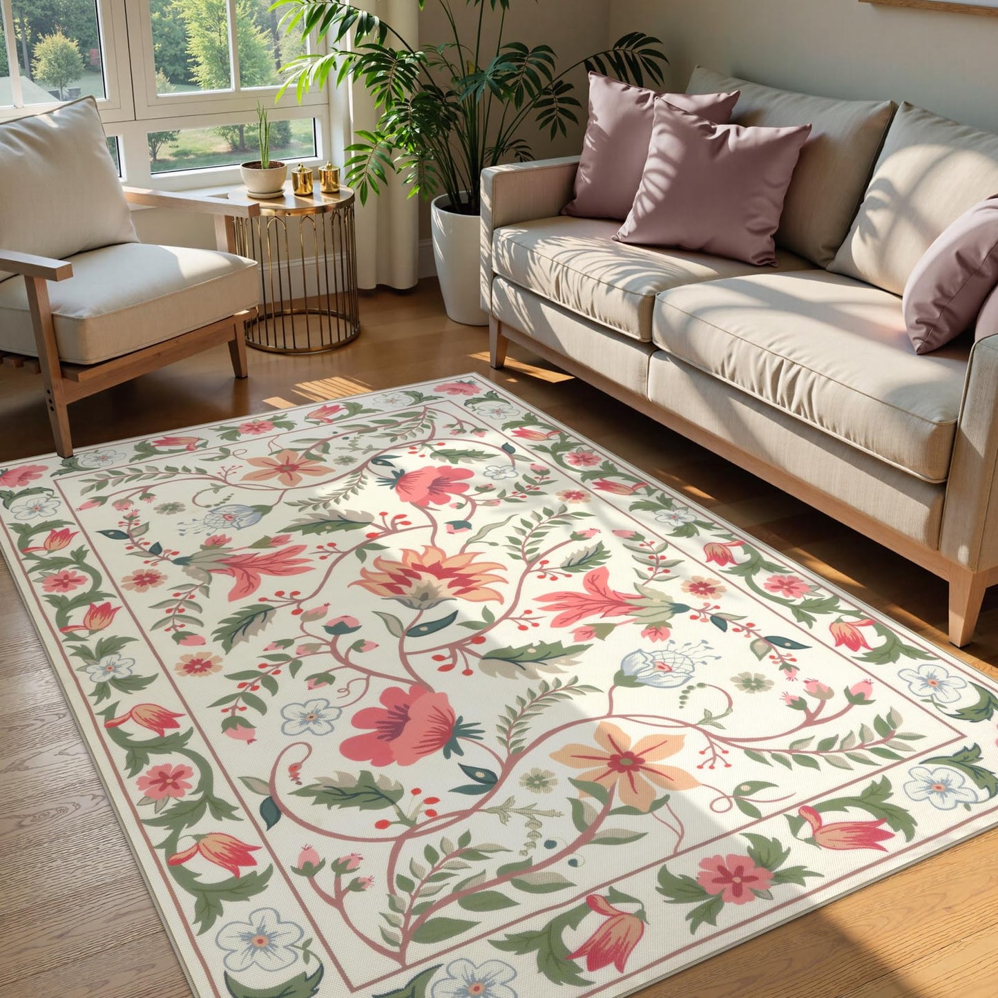Uphome Indoor Outdoor Area Rug 6x9 ft, Large Floral Patio Rugs for RV Camping Outside, Washable Living Room Mat Non Slip, Breathable Floor Carpet for Bedroom Deck Porch Backyard, Beige