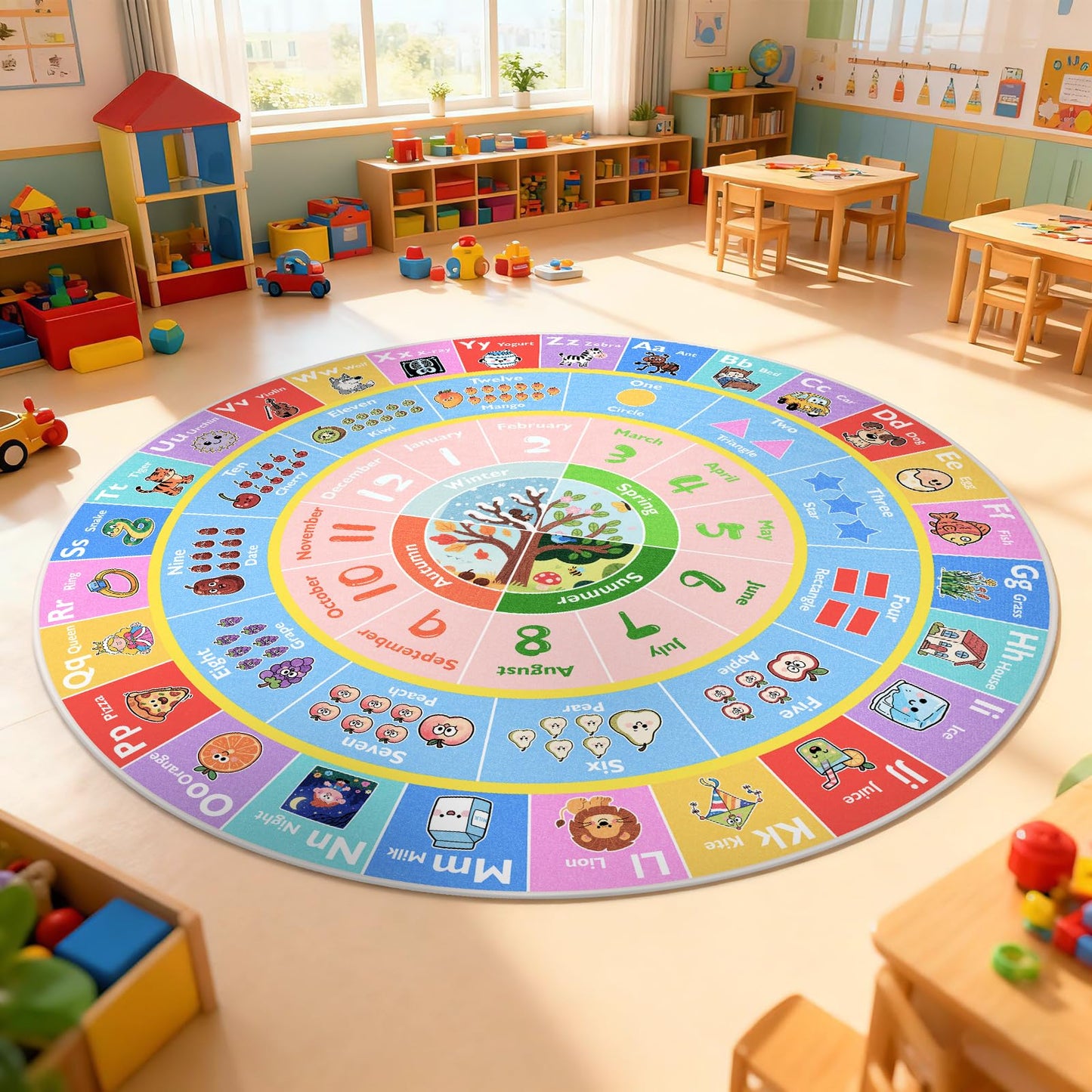 GRAMBET ABC Kids Rug for Playroom, 6ft Round Alphabet Small Classroom Rug, Non-Slip Washable Kids Play Mat, Educational Area Rug for Daycare Preschool Bedroom to Learn Numbers Shapes Seasons