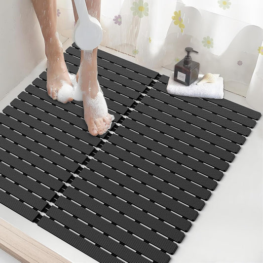 Shower Mat Non-Slip Bath Mat for Tub and Shower Stall,236 Suction Cups with Drain Holes, Quick Dry Machine Washable, Extra Grip for Stand Up Showers, Bathroom Essentials 24x24 Inch(Black)