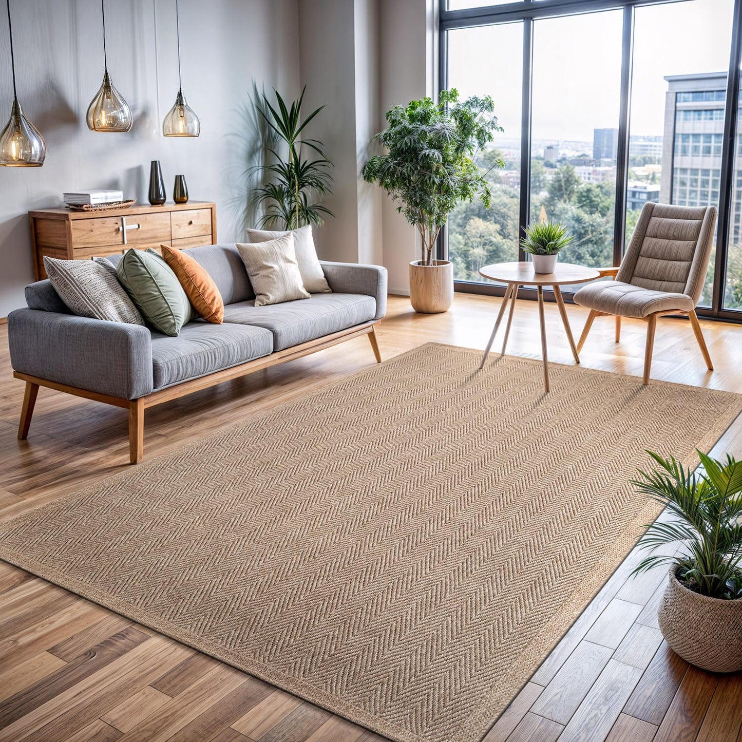 CAMILSON Easy Jute Rug 10x14, Indoor Outdoor Natural Color Fiber Area Rugs for Living Room Patio and Kitchen Rug Herringbone Woven Design Easy-Cleaning Washable Outside Carpet Alfombras 10 x 14