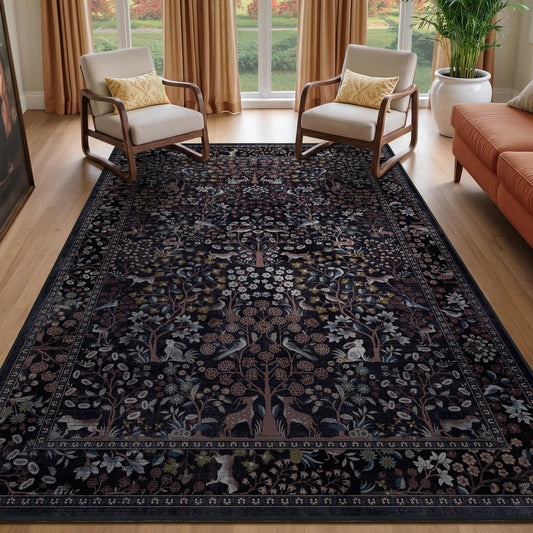 Jainmy Midnight Blue 5x7 Area Rugs, Unique Tree of Life Floral Animal Print Rugs for Living Room Bedroom Nursery, Washable Non Slip Ultra Thin Dining Room Rug, Vintage Boho Carpet for Nature Lover