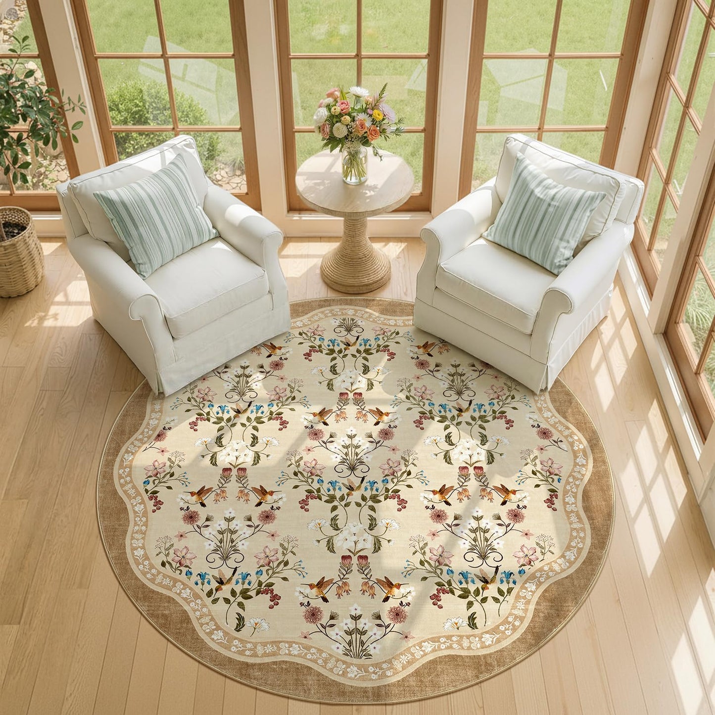 jinchan Round Rug 6ft Floral Entryway Rug Soft Washable Kitchen Oriental Non Slip Mat Low Pile Chinoiserie Lightweight Flower Throw Carpet for for Bedroom Living Room Playroom Office, Light Taupe