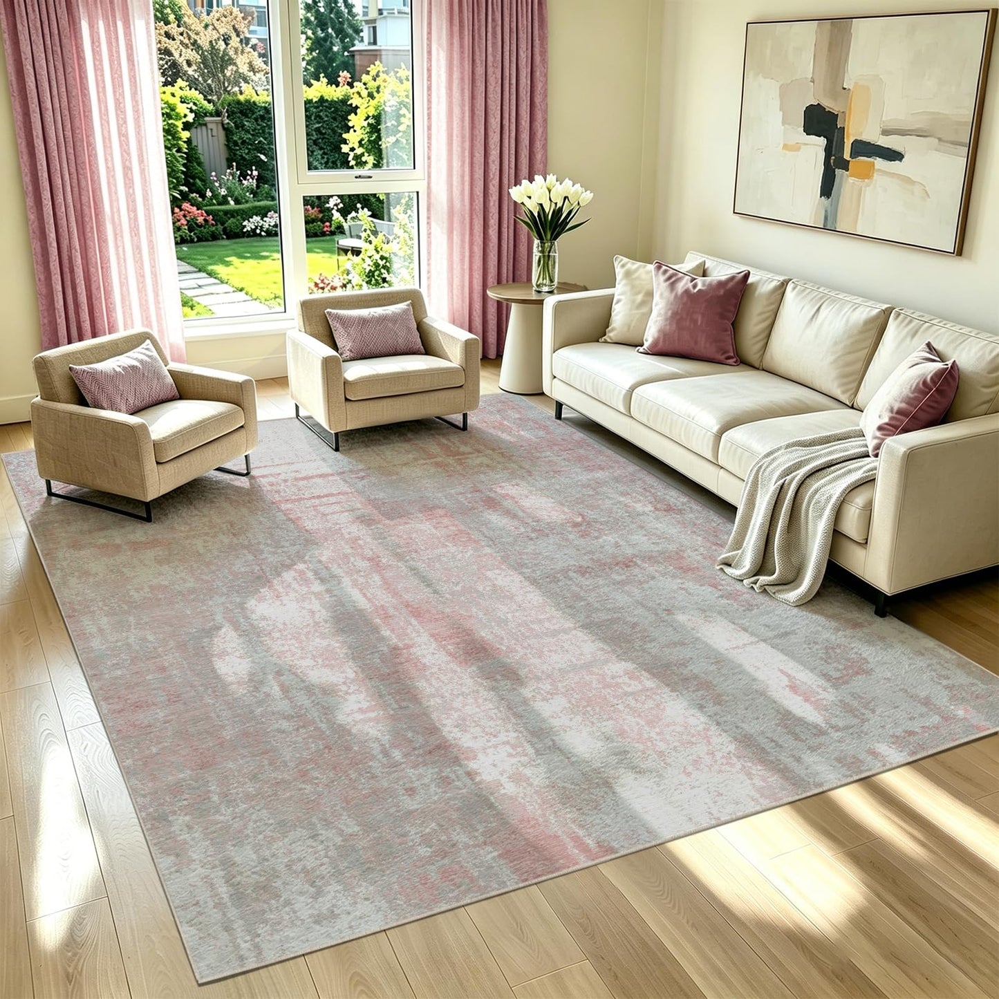 5'x7' Washable Area Rug for Living Room - Abstract Soft Non-Slip Neutral Carpet Stain Resistant Floor Mat for Bedroom Dining Room Farmhouse Nursery Home Office(Blush Pink/Ivory,5x7)