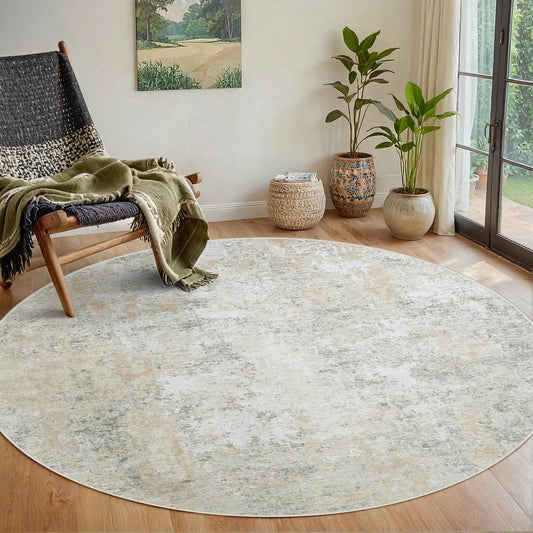 Round Rug 6ft Circle Rug Washable: Carpet Small Circular Area Rug for Entryway Kitchen Bedroom Dining Room Living Room 6 Feet Abstract College Dorm Non Slip Low Pile Beige Grey