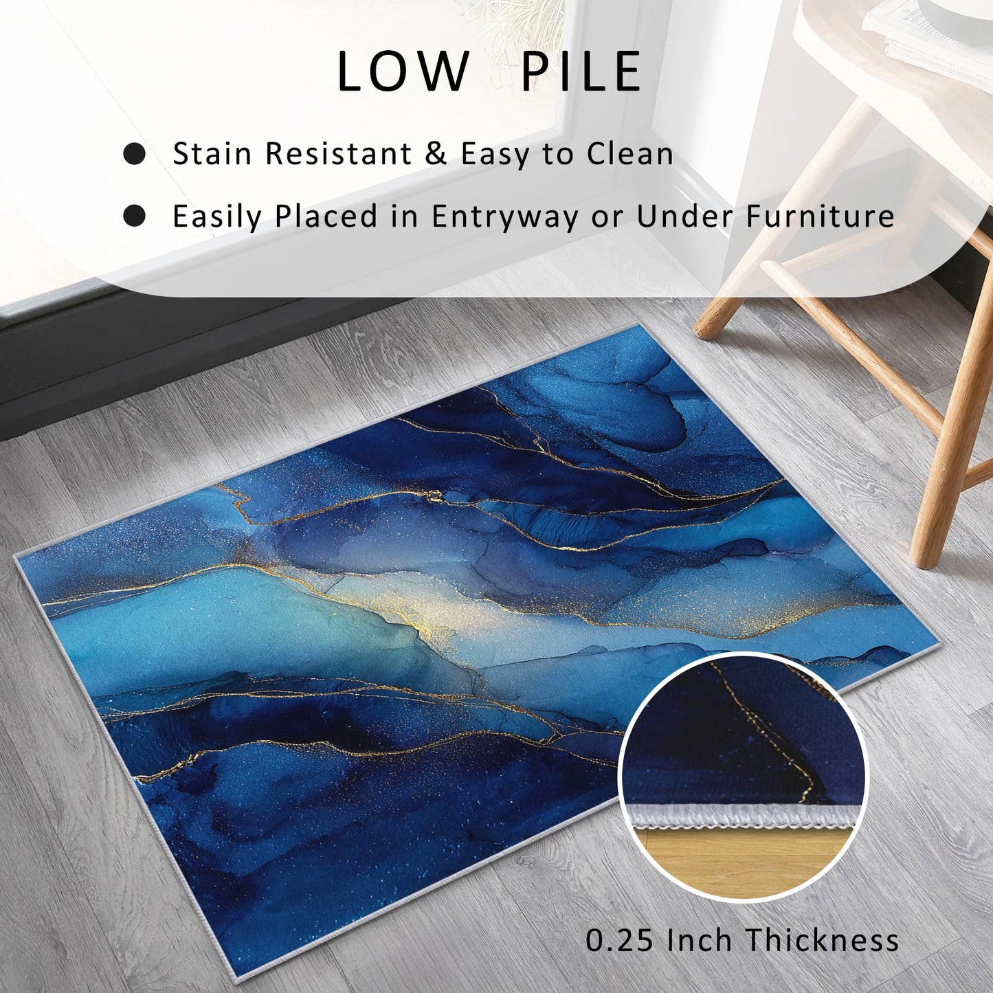 Blue Marble Rugs for Living Room, Modern Abstract Home Decor Indoor Carpet for Bedroom, Washable Marble Area Rugs 3x5 ft, Non-Slip Backing & S504